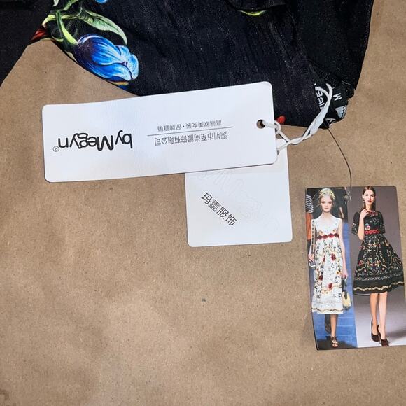 By Megan black floral embroidered dress womens M square neck midi 3/4 sleeve NWT - Picture 5 of 13